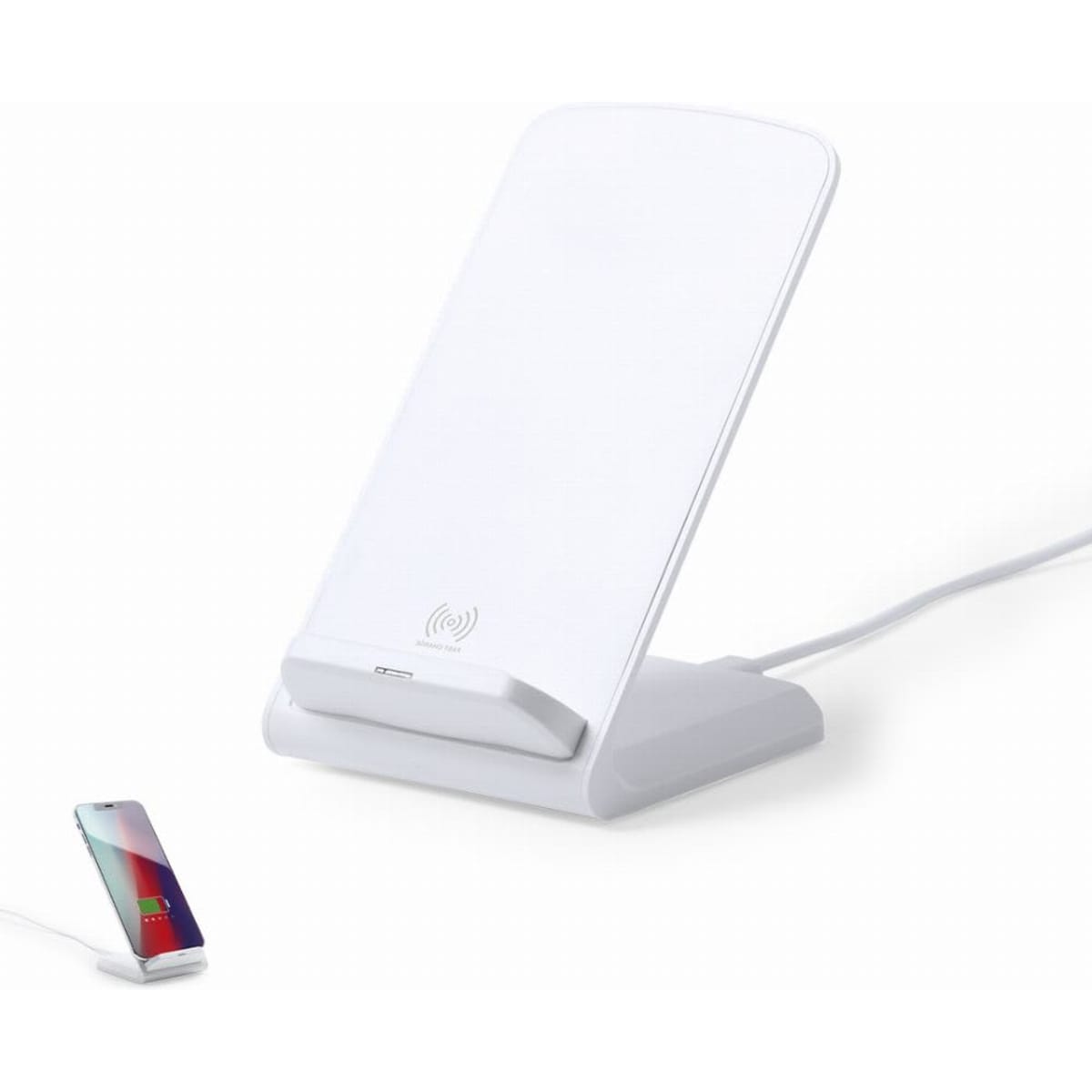 A wireless charging stand in white, featuring a sleek design with a logo, positioned to charge a smartphone.