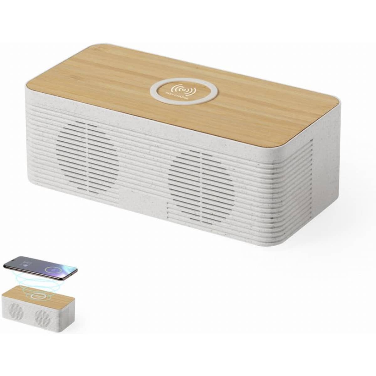 A wireless speaker with a bamboo top, featuring two speakers on the front and a logo on the top.