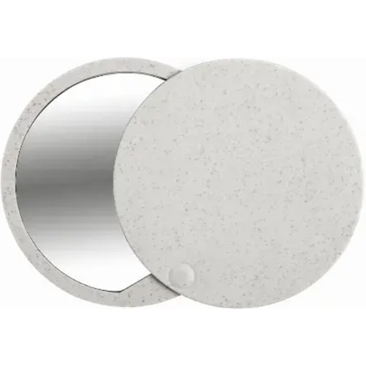 A circular mirror with a textured, light grey casing, featuring a sleek design and a small dot detail.