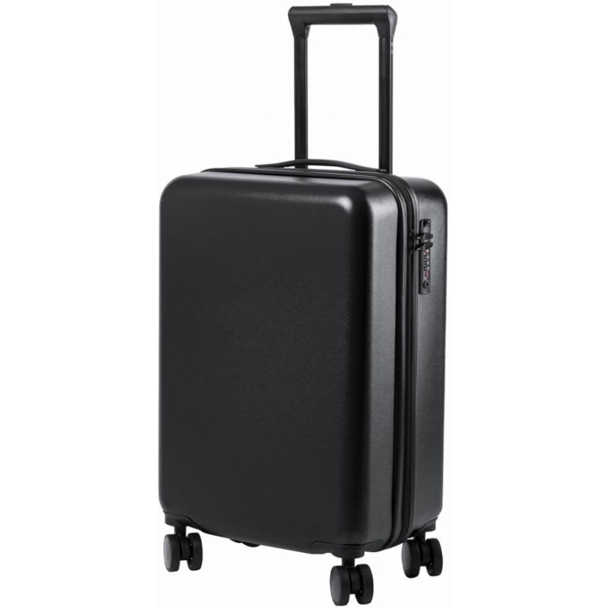A black hard-shell suitcase with a retractable handle and four wheels for easy mobility.