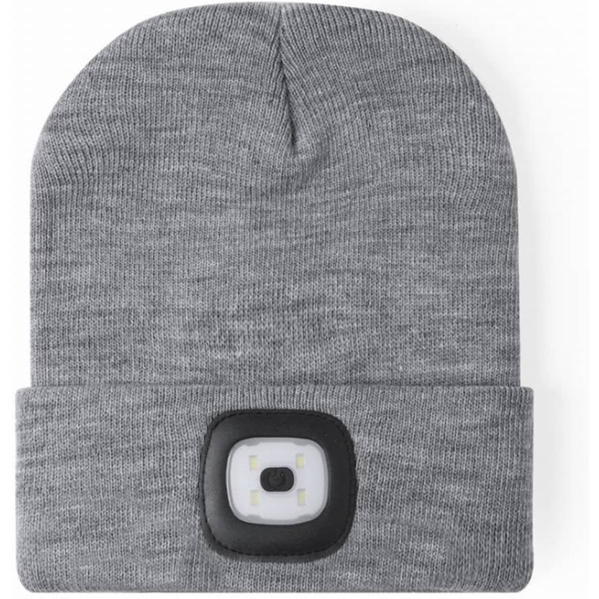 A grey beanie with an integrated LED light on the front and a fold-up cuff. It features a simple, sleek design.