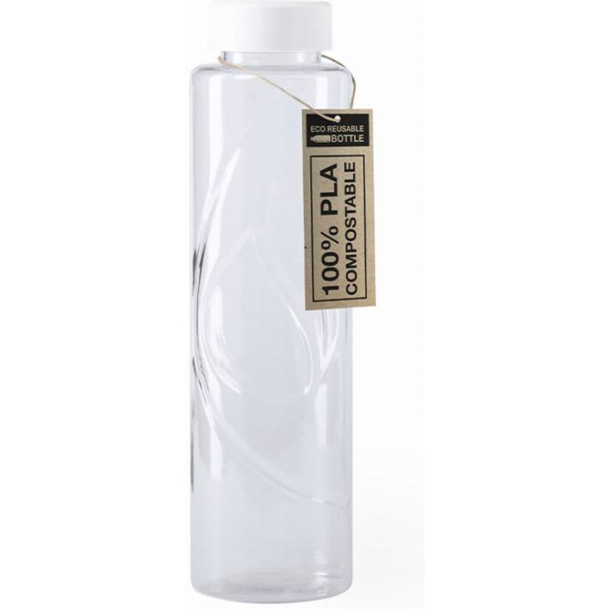 A drink bottle made from transparent material, featuring a white cap and an eco-friendly tag indicating it’s compostable.