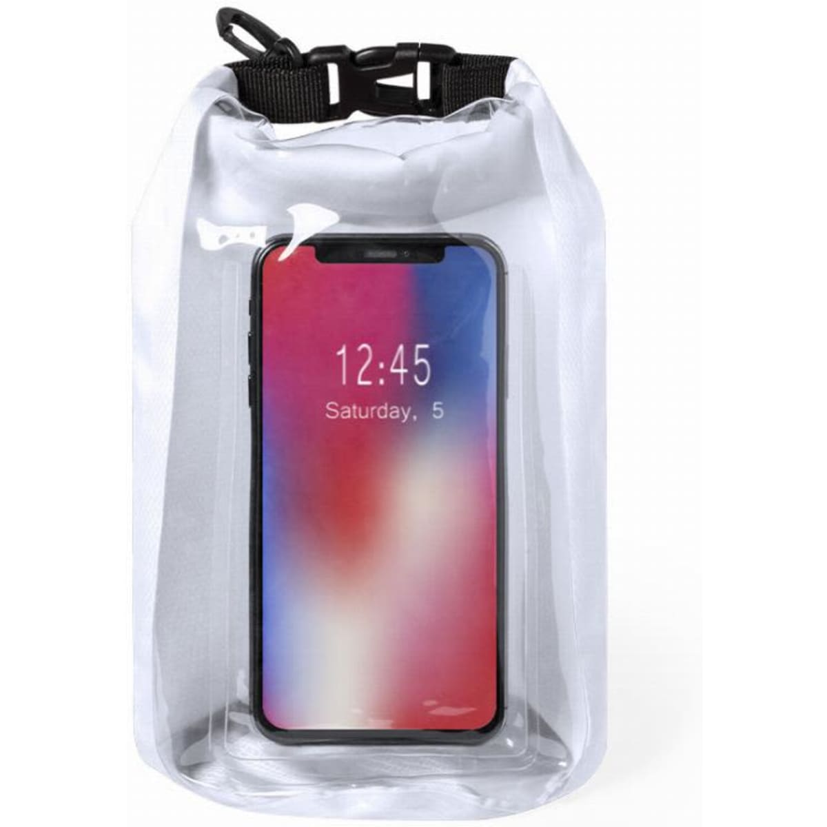 A waterproof phone pouch with a clear front, featuring a black strap, designed to protect devices.