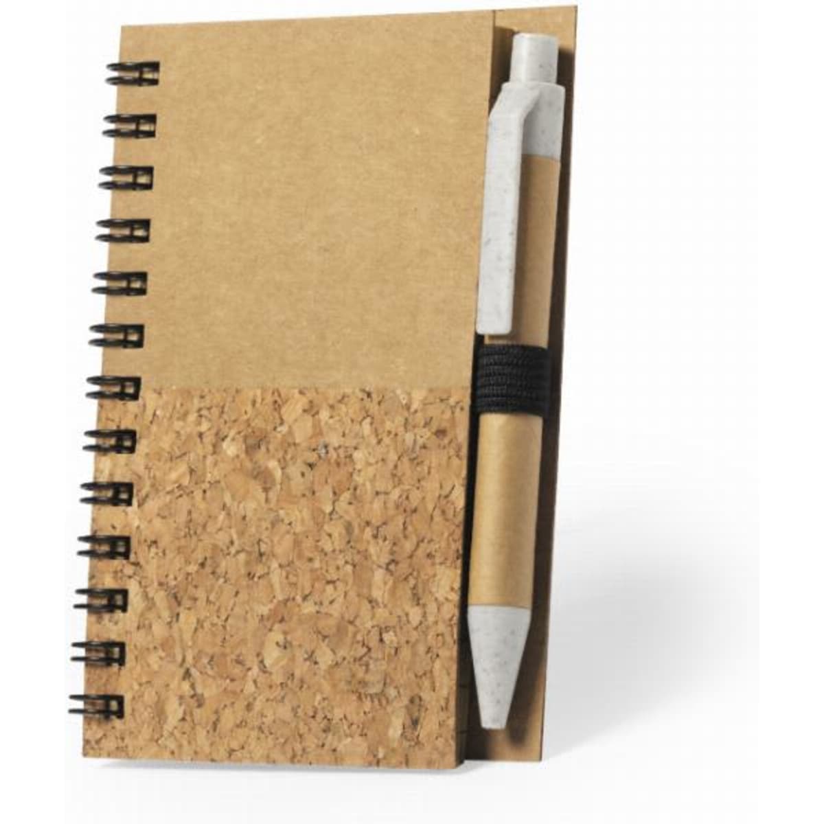 A notebook with a cork cover and a pen attached by an elastic band, featuring a spiral binding.