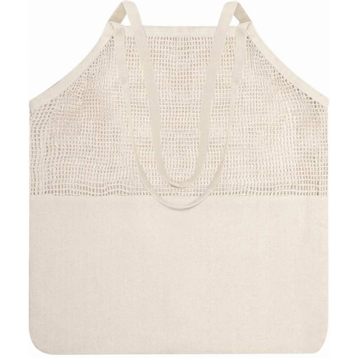 A tote bag with a cream mesh top and solid bottom, featuring two sturdy straps.