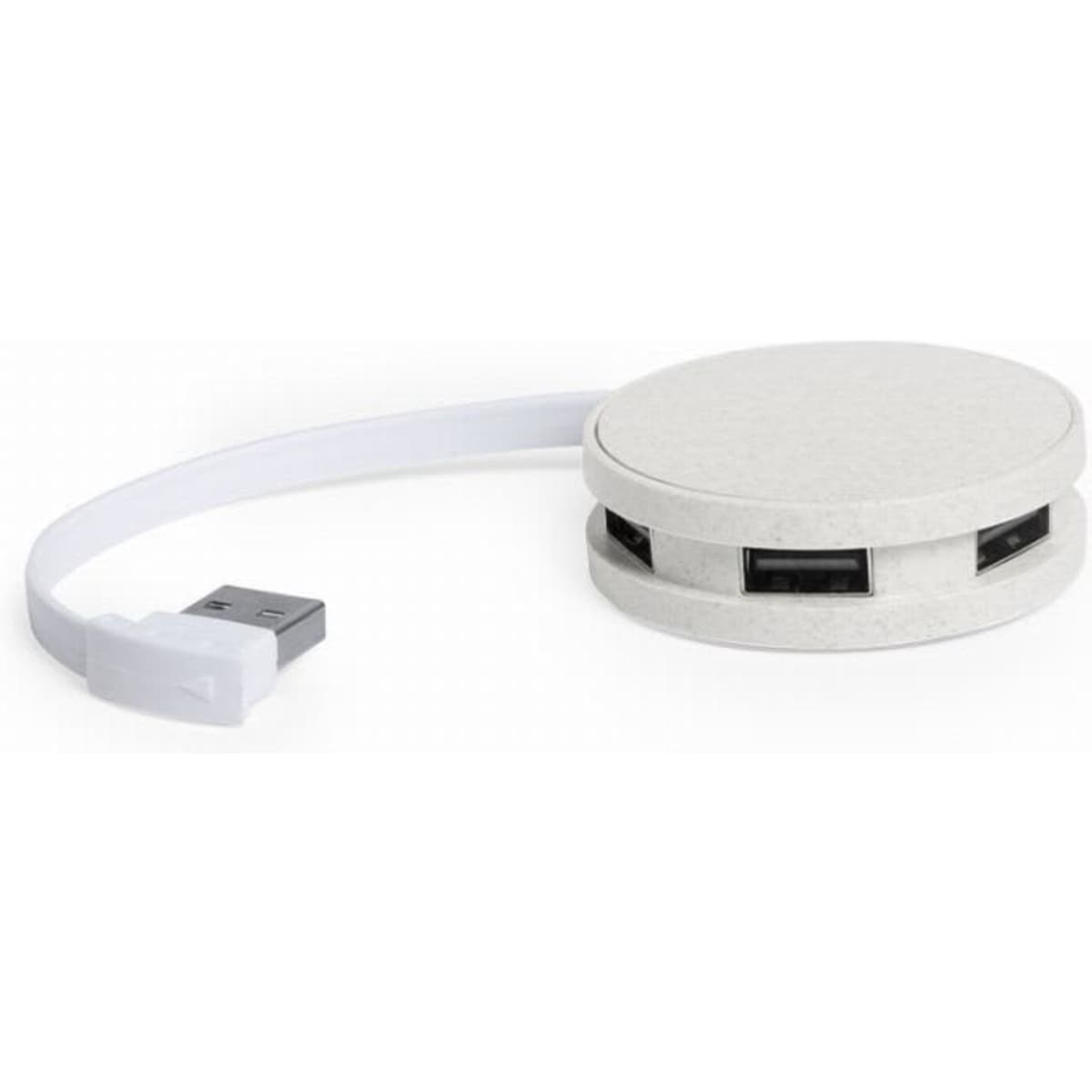 A round, white USB hub with multiple ports and a connected white cable. It has a smooth, textured finish.