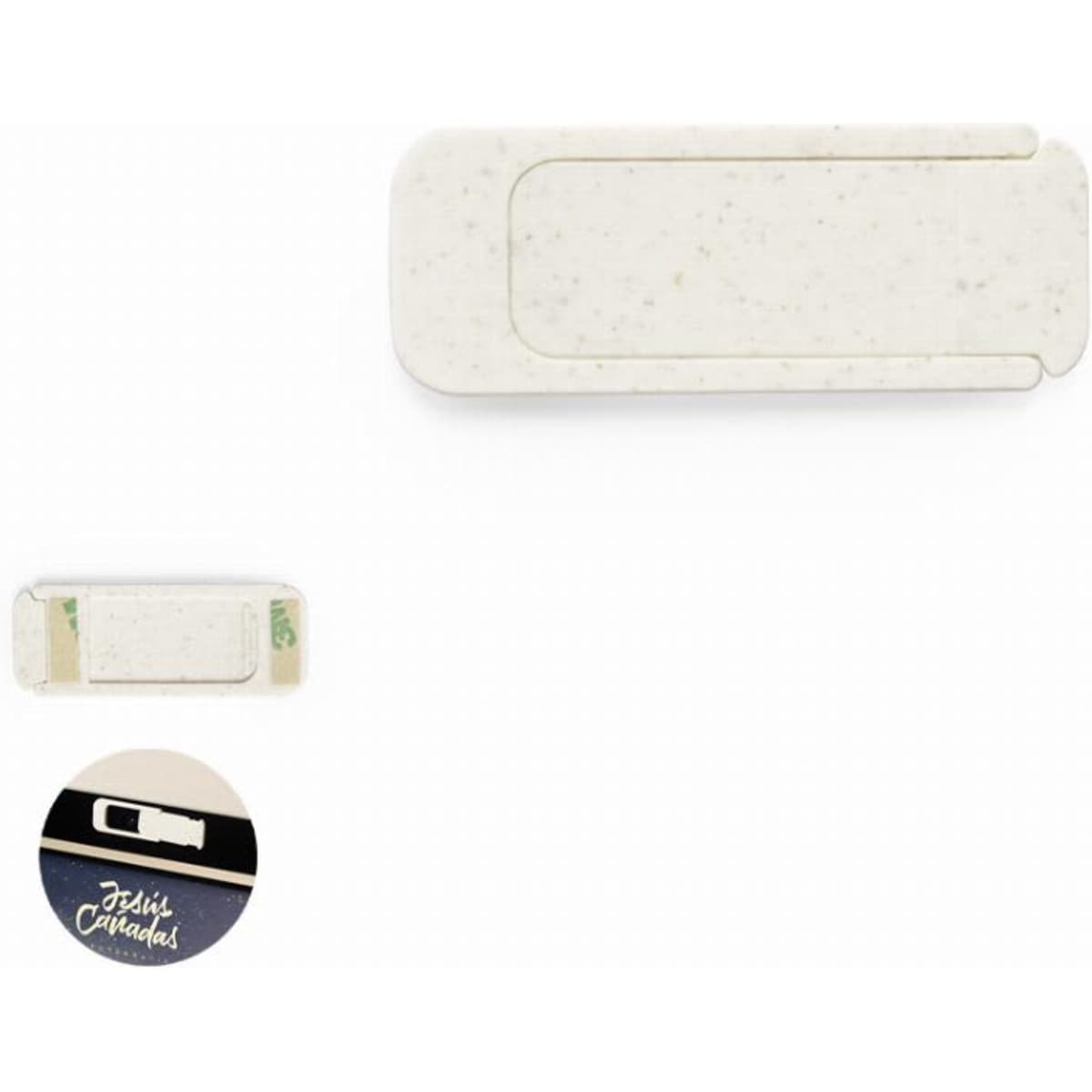 A clip featuring a textured white surface with a metal clasp and a circular logo at the bottom.