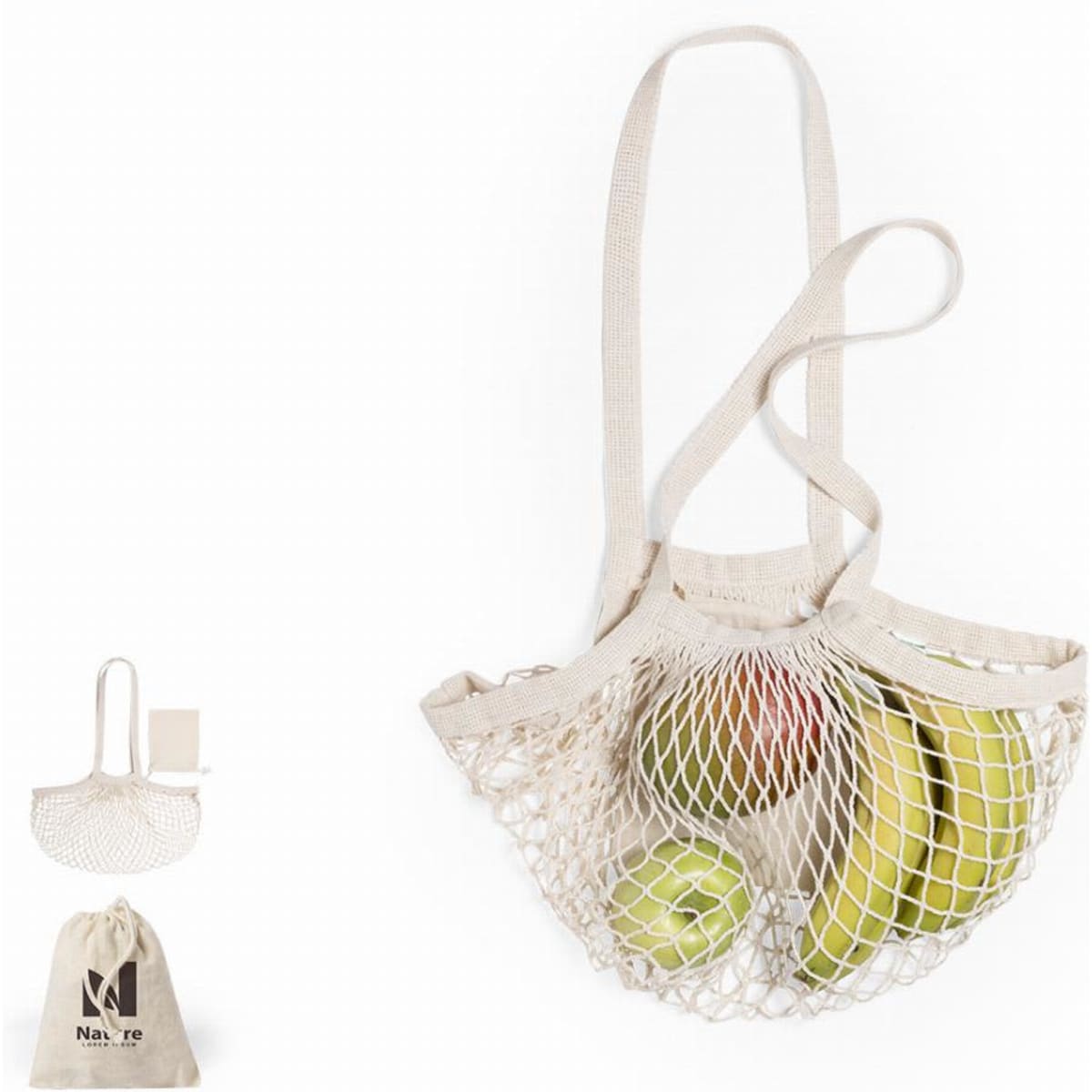 A mesh shopping bag filled with green and red apples, alongside a small branded pouch in a neutral colour.