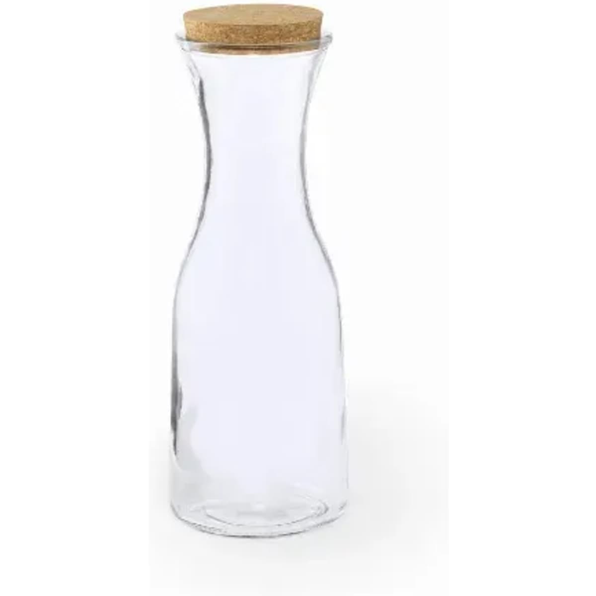 A drink bottle in clear glass with a cork stopper, featuring a sleek, curved design.