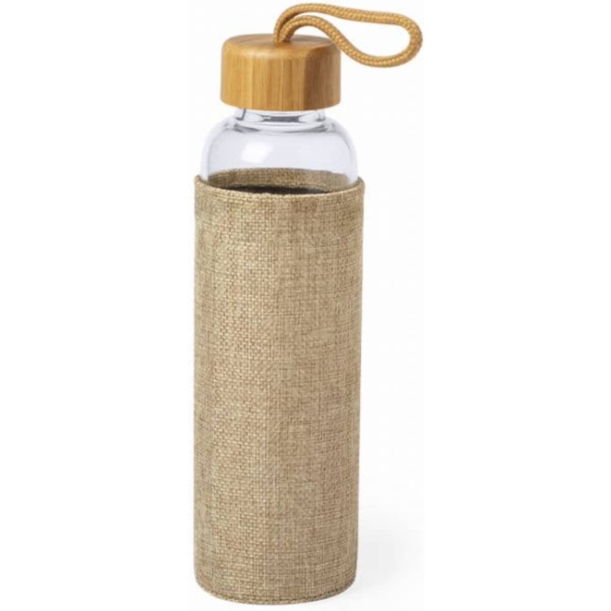 A drink bottle with a clear body, bamboo lid, and a natural fabric sleeve in a tan colour.