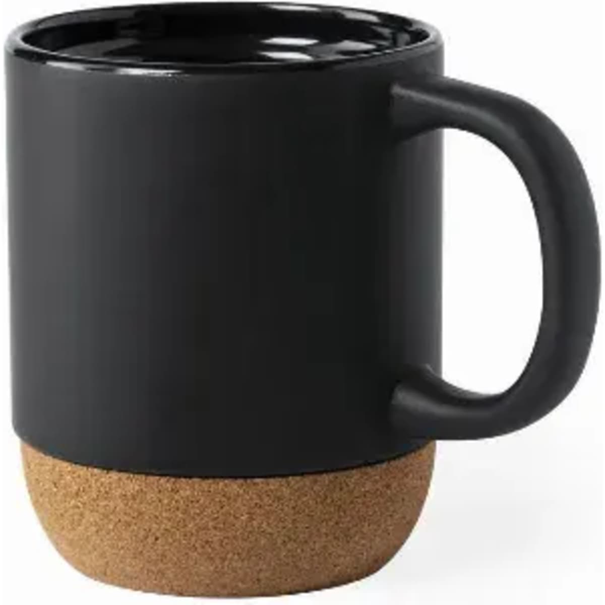 A black mug with a cork base, featuring a sturdy handle and a glossy finish.