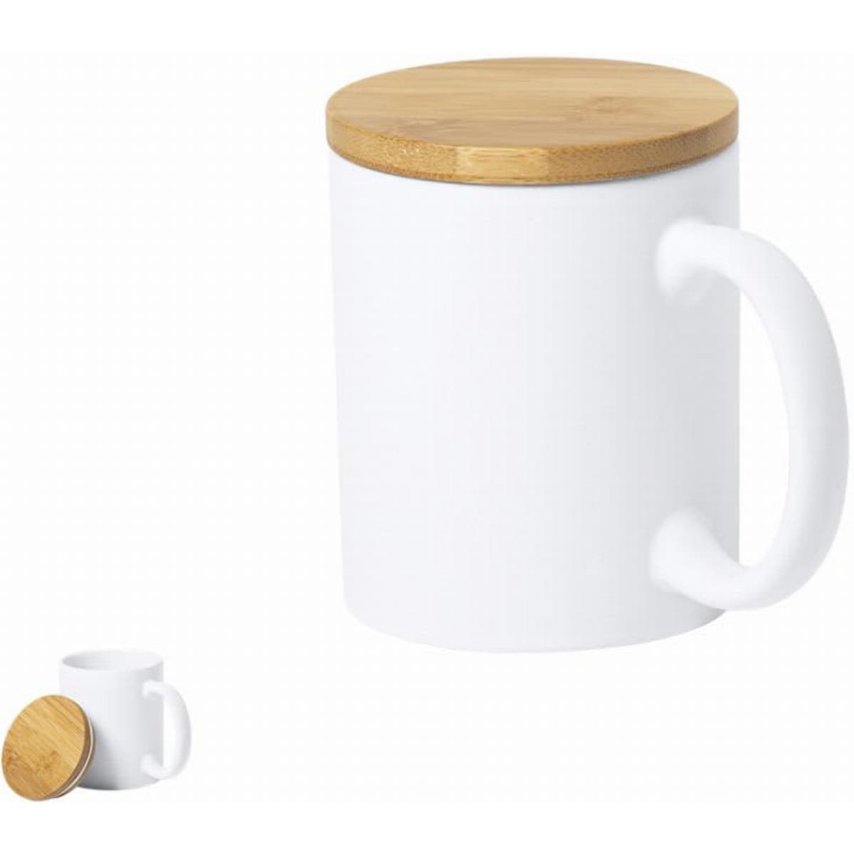 A white mug with a bamboo lid and a handle, featuring a minimalist design.
