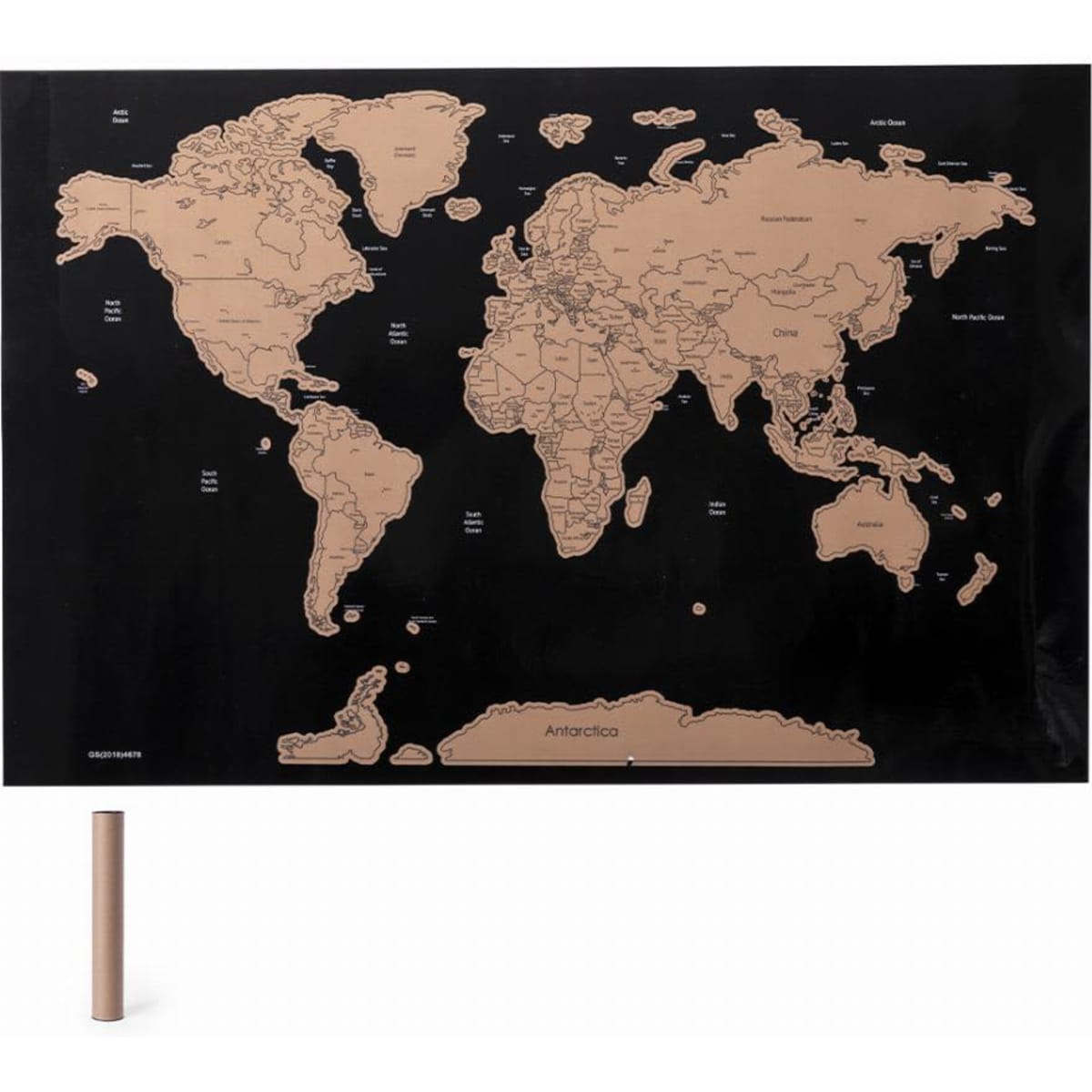 A wall map featuring a black background with a copper-toned outline of the world and country names.