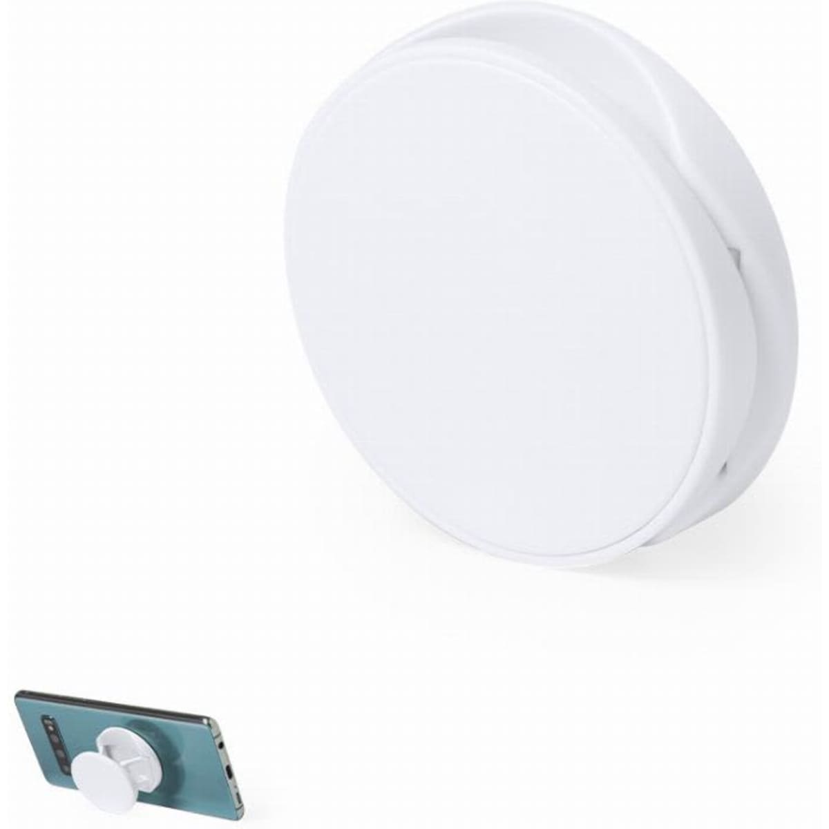 A circular white product with a flat surface, accompanied by a smartphone with a similar white attachment.