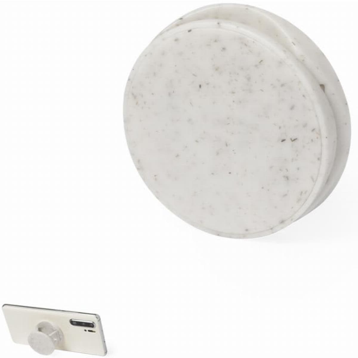 A phone holder in a round white marble design with a silver attachment for mobile devices.