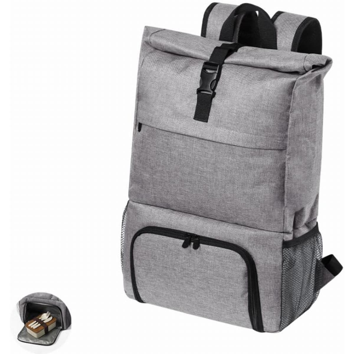 A grey backpack with a roll-top design, featuring multiple compartments and a side mesh pocket.