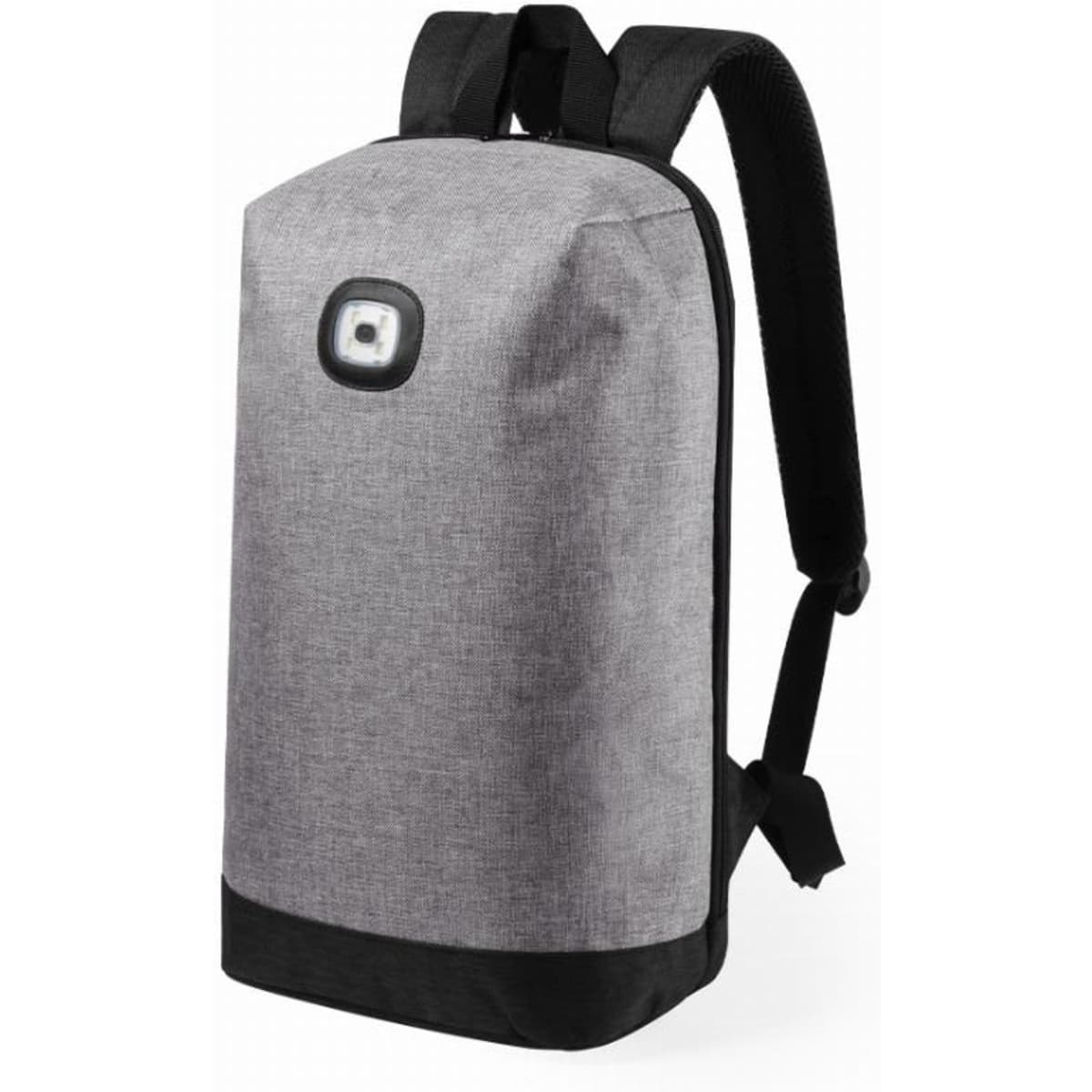 A grey and black backpack with padded straps and a light feature on the front, showcasing a minimalist design.