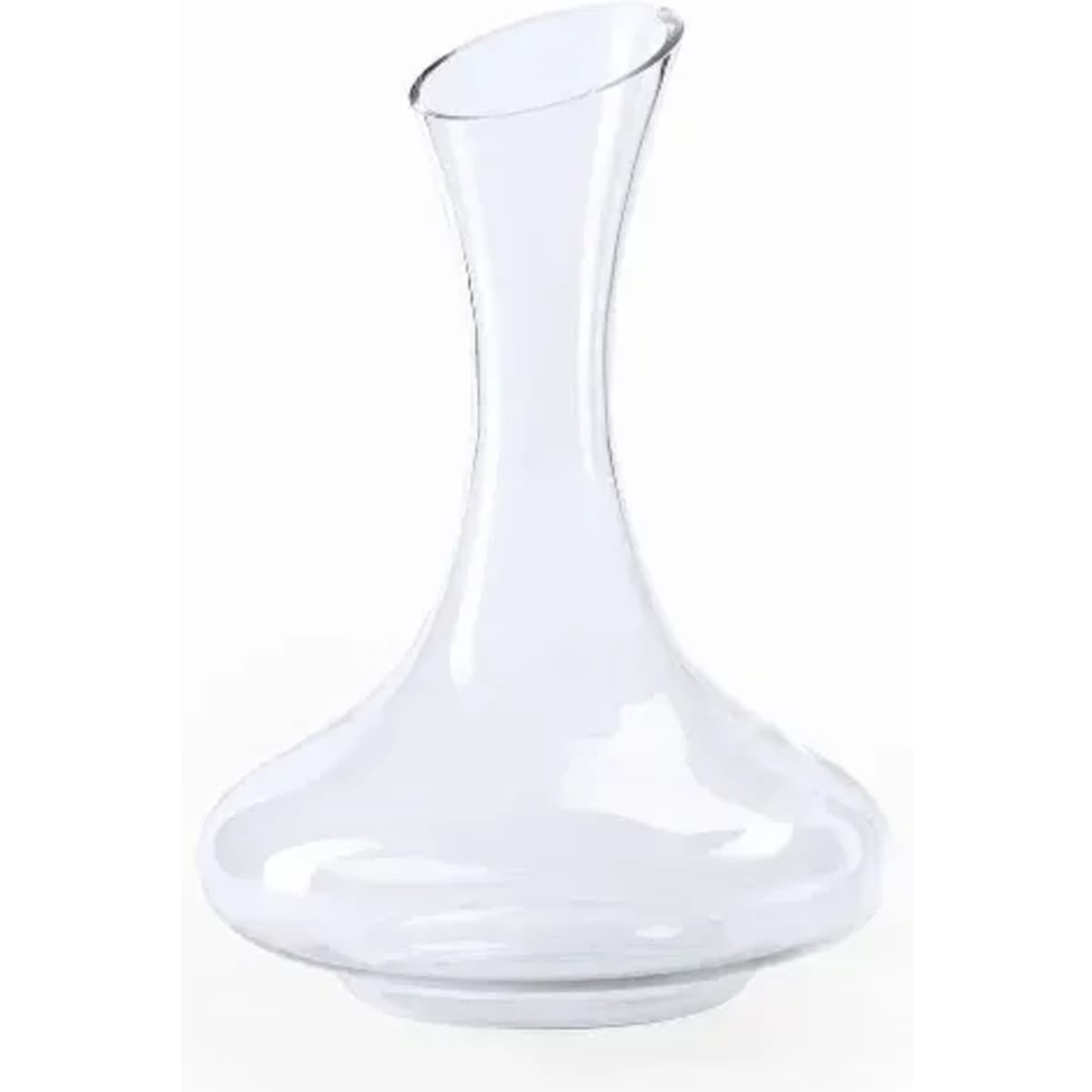A clear glass decanter with a distinctive elongated neck and a wide base for serving beverages.