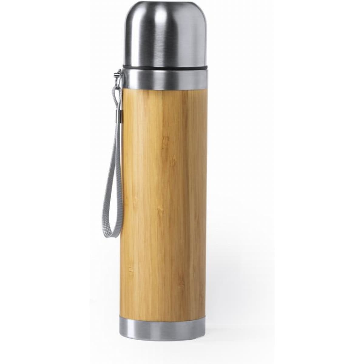 A drink bottle made of bamboo with stainless steel accents, featuring a strap for easy carrying.