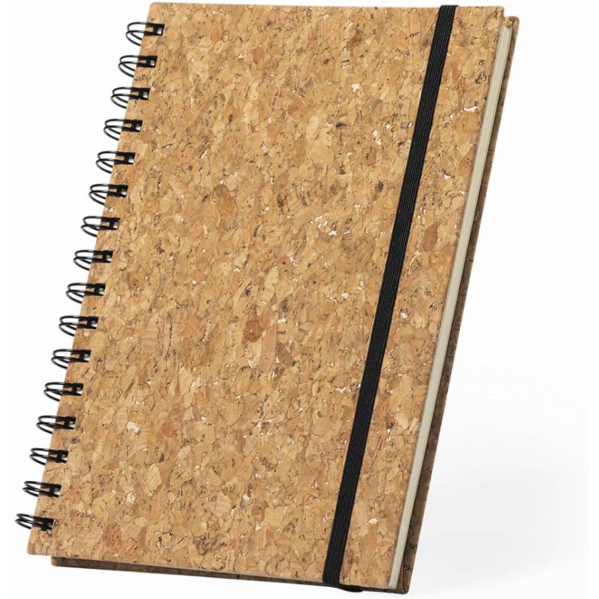 A cork notebook with spiral binding and an elastic band closure. It features a natural, textured surface.