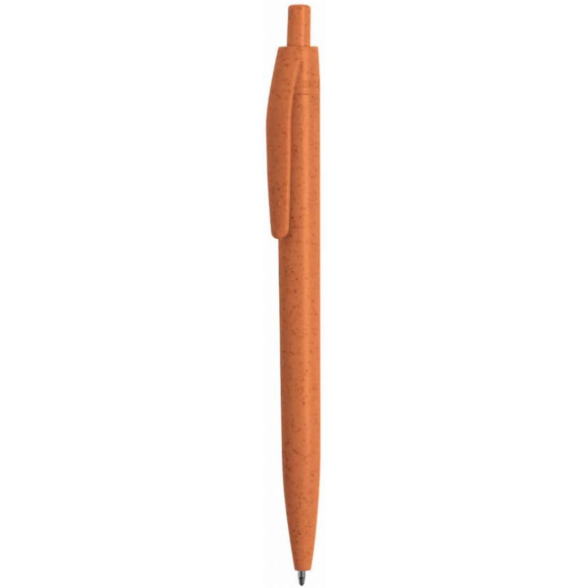 A pen in a warm orange-brown colour with a smooth barrel and a clip on the side. It has a simple design.