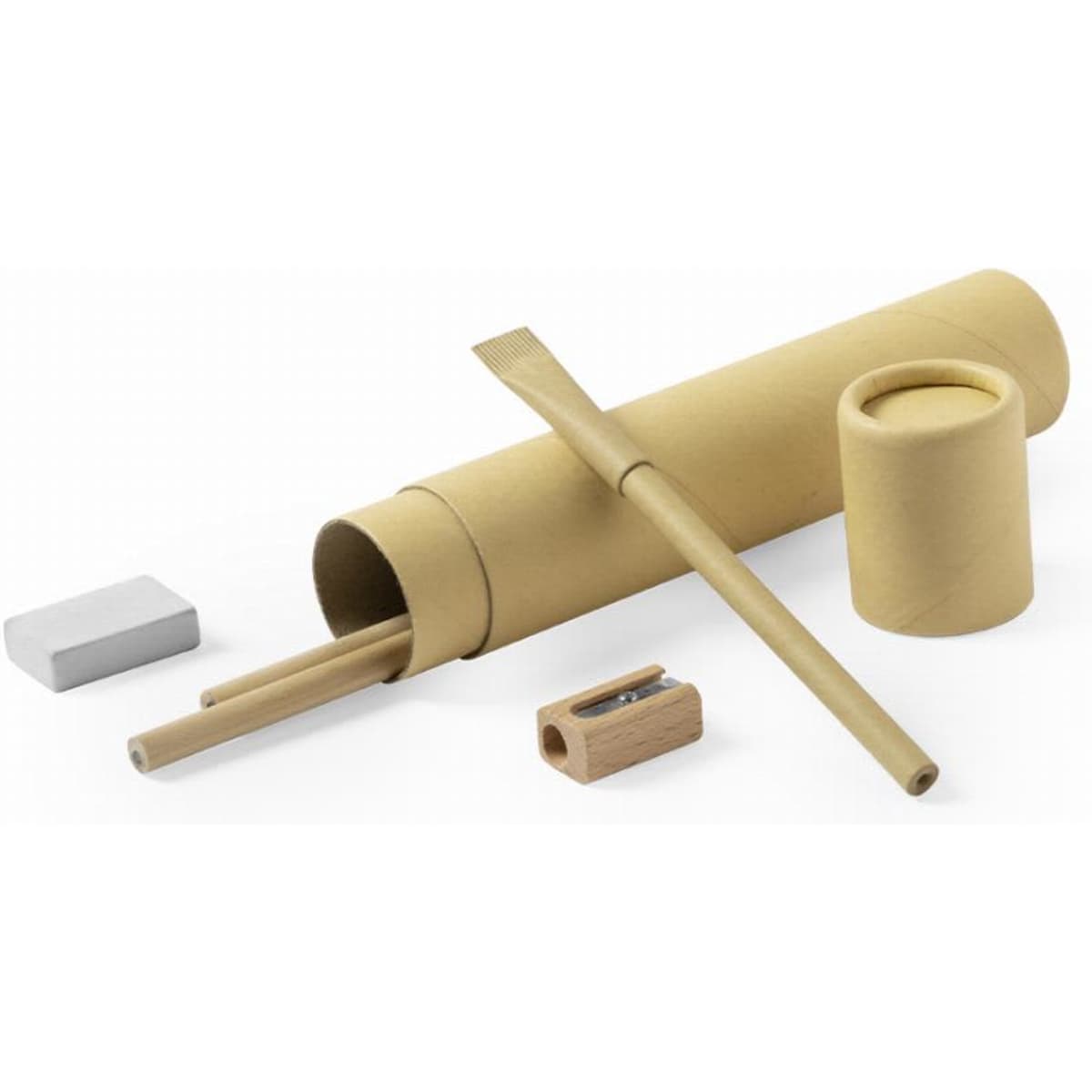 A collection of eco-friendly stationery items in a beige cylindrical container, including a pencil, sharpener, eraser, and ruler.