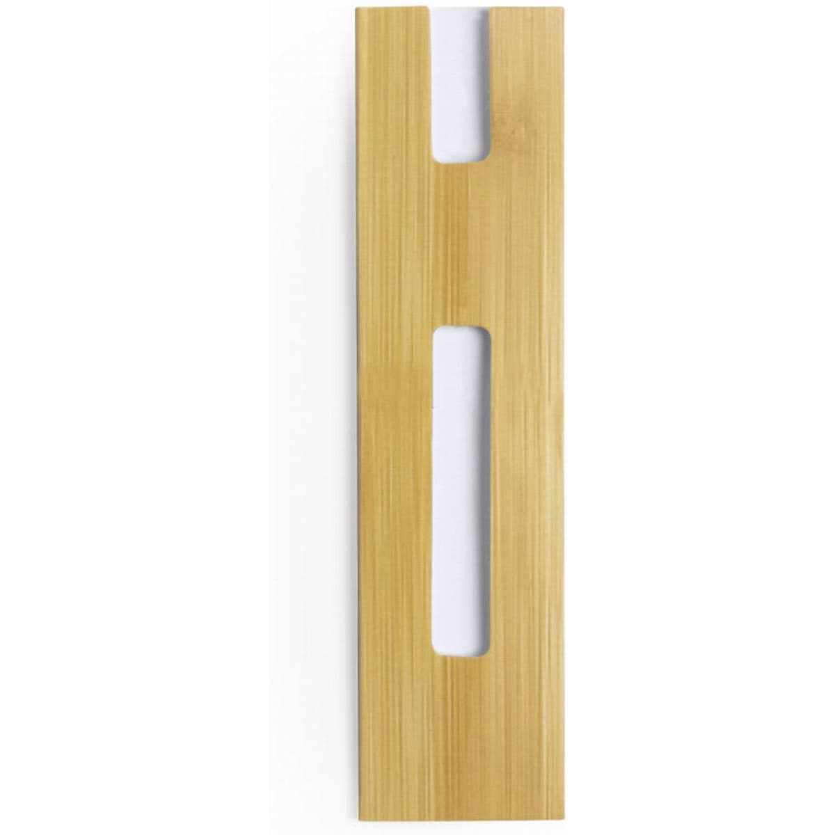 A bamboo product with two cut-out sections, featuring a natural wood finish. It has a sleek, minimalist design.