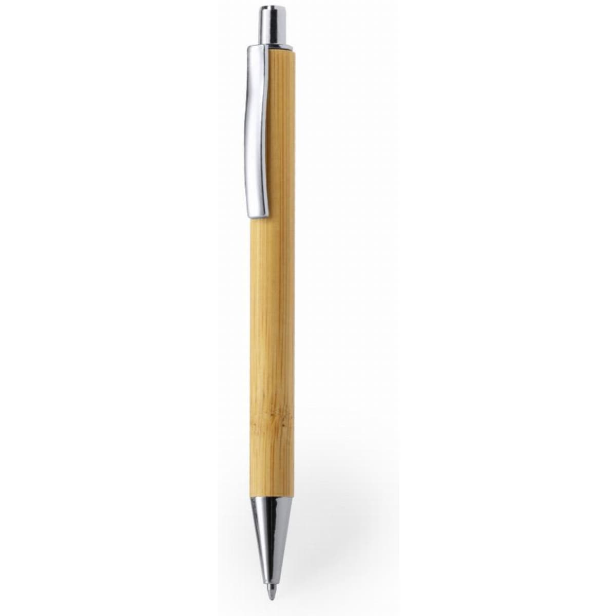 A bamboo pen with a silver finish, featuring a sleek design and a polished clip.