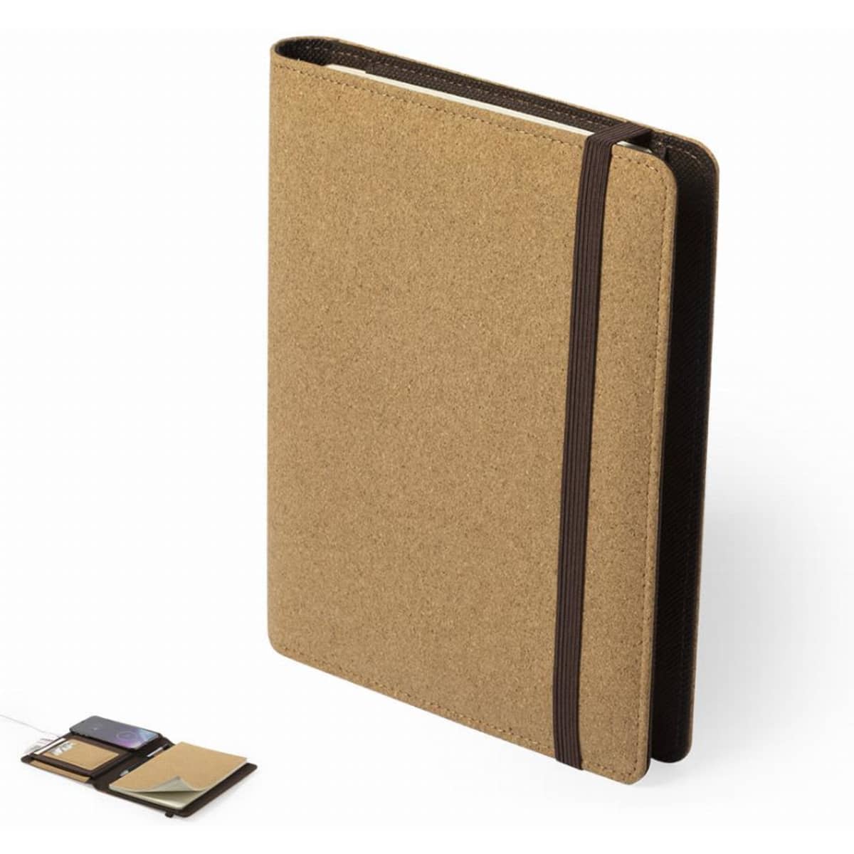 A brown notebook with a textured cover and an elastic band, alongside a small cardholder.