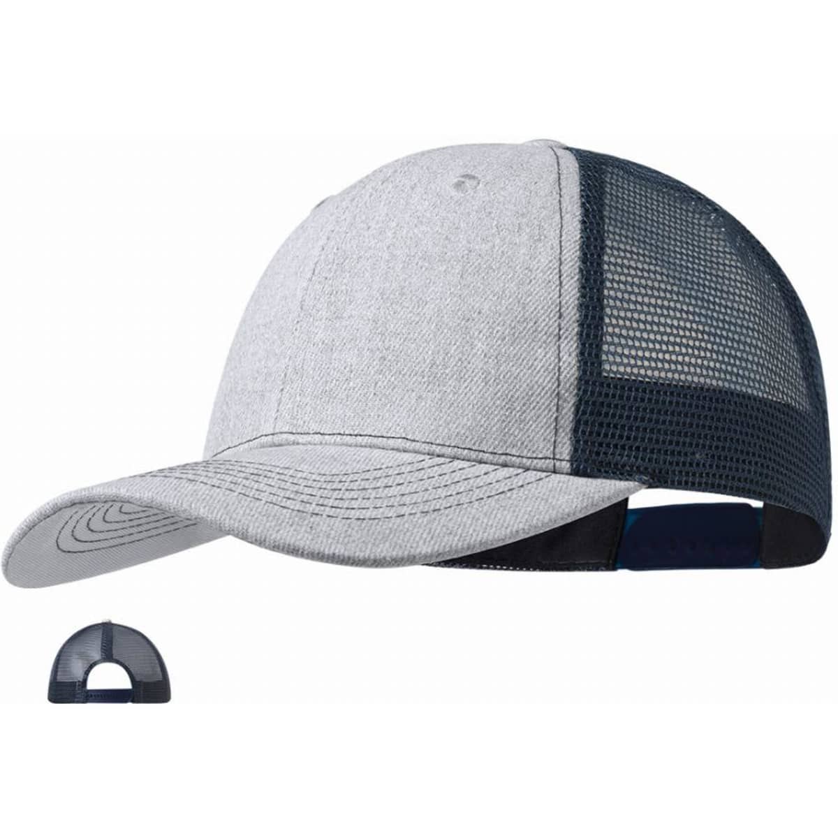 A grey cap with a mesh back, featuring a navy blue rim and a logo on the front. Ideal for casual wear.
