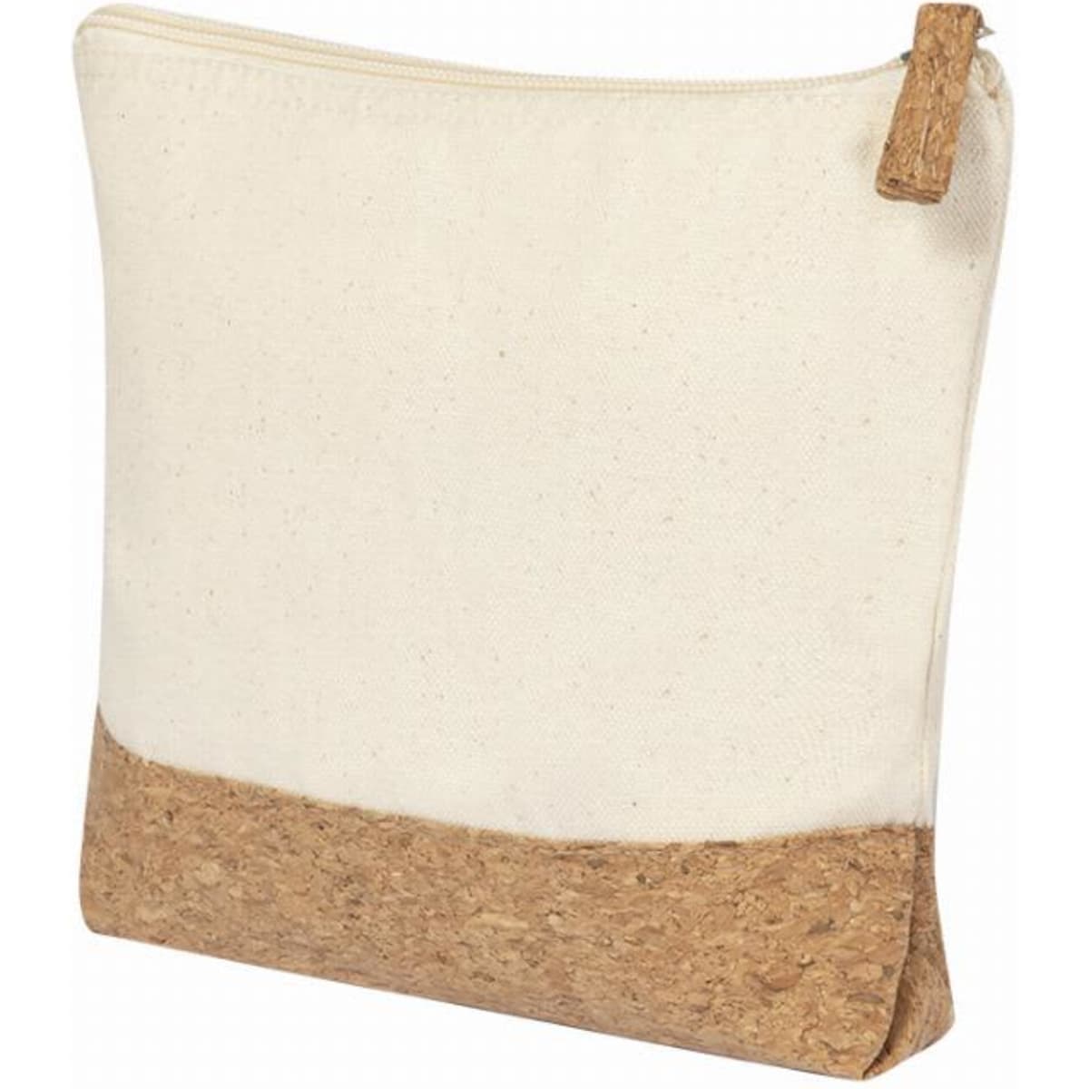 A natural canvas pouch with a cork base and a zip closure, featuring a simple, minimalist design.