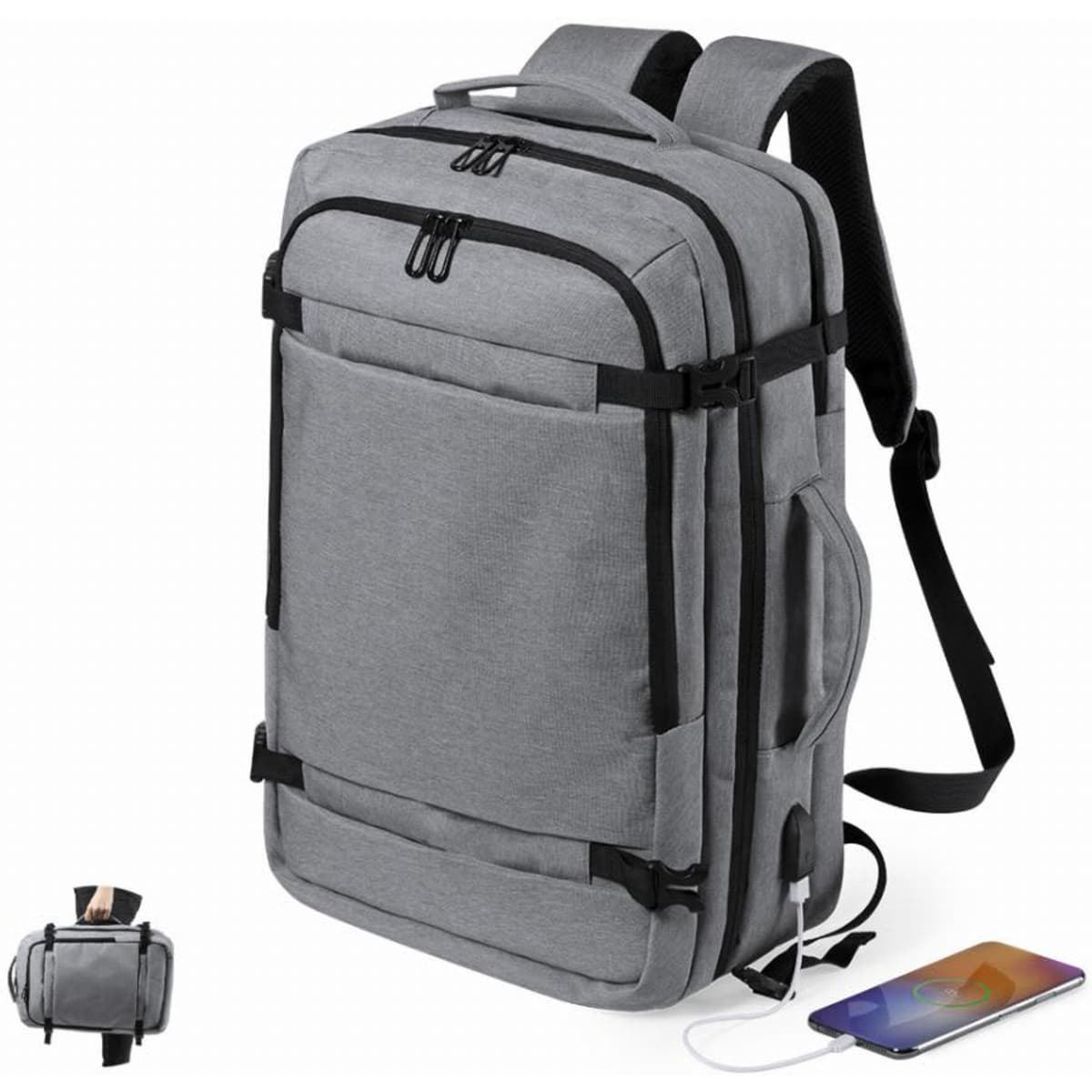 A grey backpack with multiple compartments and adjustable straps, featuring a built-in USB charging port.