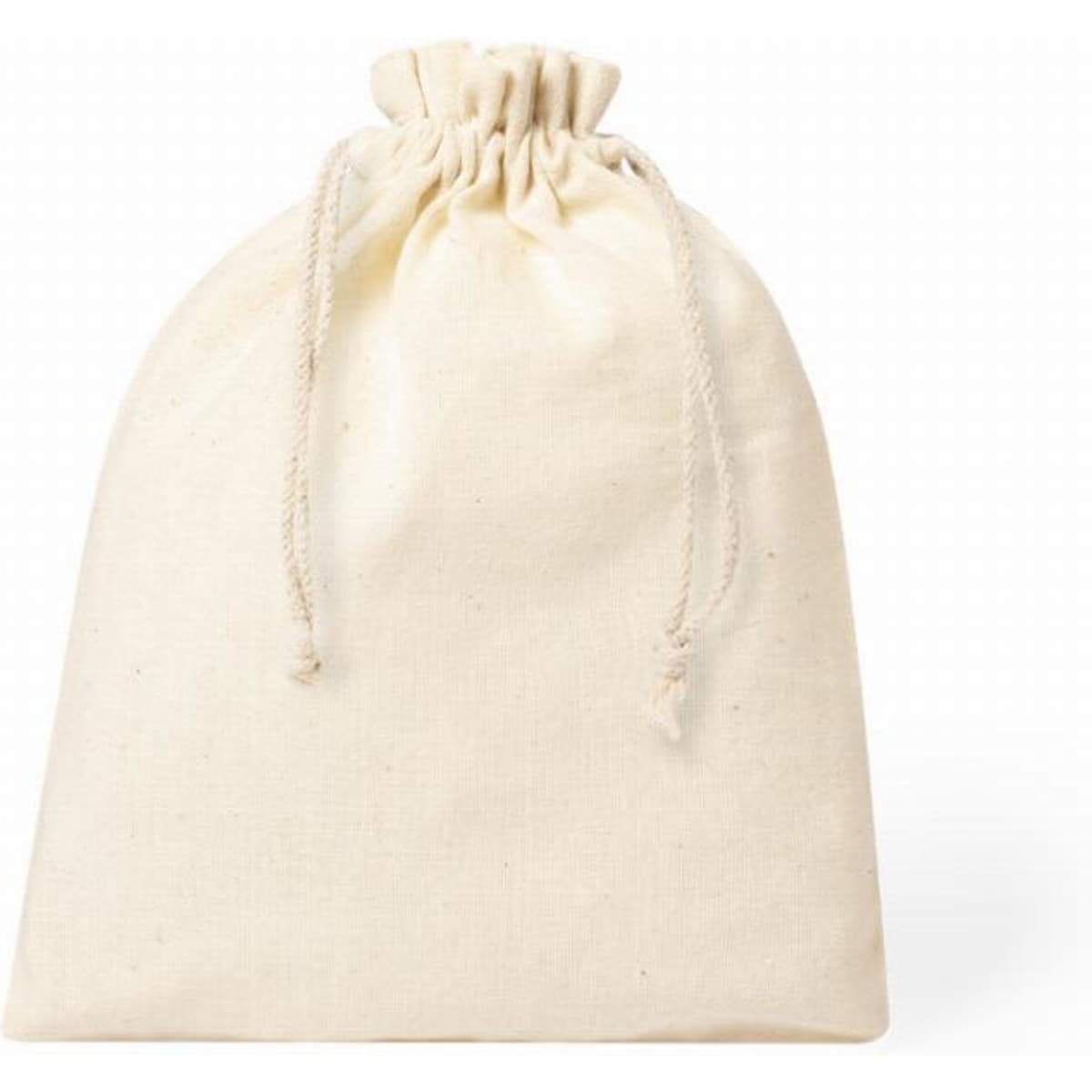 A drawstring bag in a natural beige colour with a gathered top and cord closure.