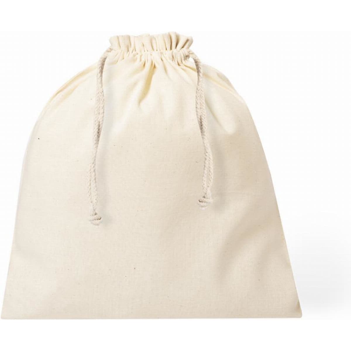 A drawstring bag in a natural cream colour, made from durable fabric with a gathered top.