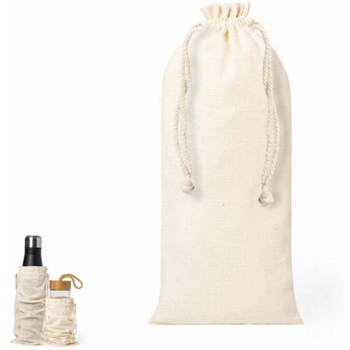 A drink bottle and a smaller container both in a beige fabric holder. The larger holder has a drawstring closure.