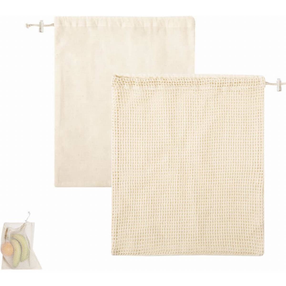 Two beige reusable produce bags, one smooth and one with a mesh texture, designed for carrying fruits and vegetables.