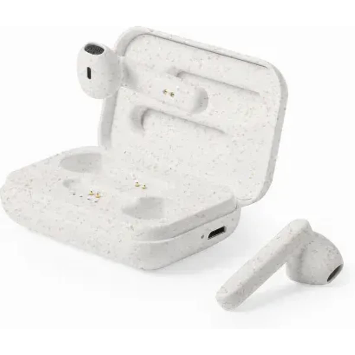 A set of white wireless earbuds with a charging case, showcasing a speckled, eco-friendly design.