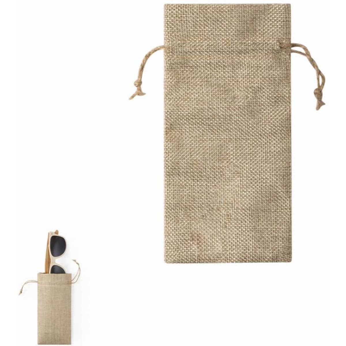 A sunglasses pouch made of natural burlap, featuring a drawstring closure and a pair of sunglasses inside.