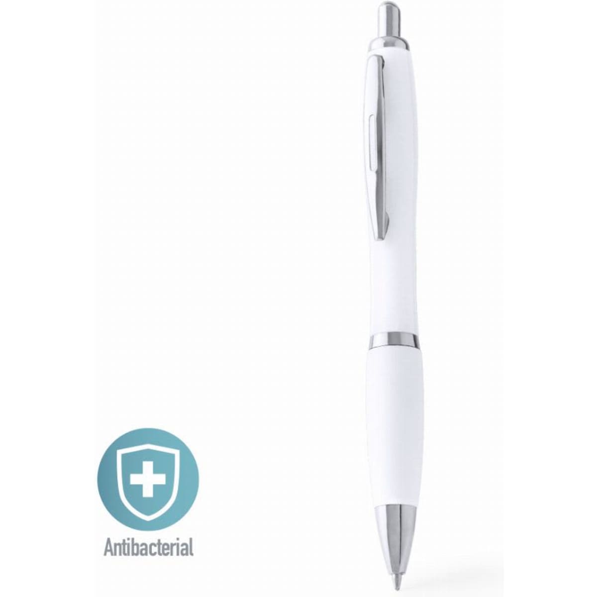 A pen with a white body and silver accents, featuring an antibacterial design and a logo.