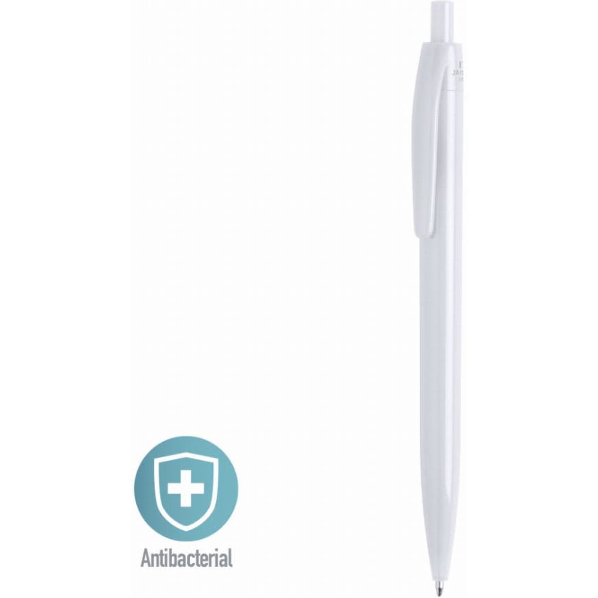 A white antibacterial pen with a smooth design and a clip for easy attachment. Features a logo at the bottom left.