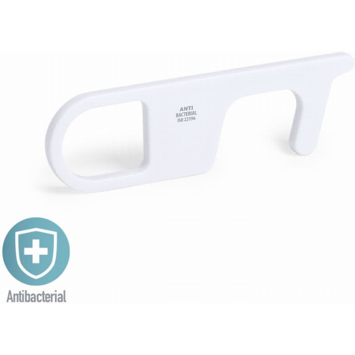 A white antibacterial door opener tool featuring an ergonomic design with a rounded handle and a hook end.