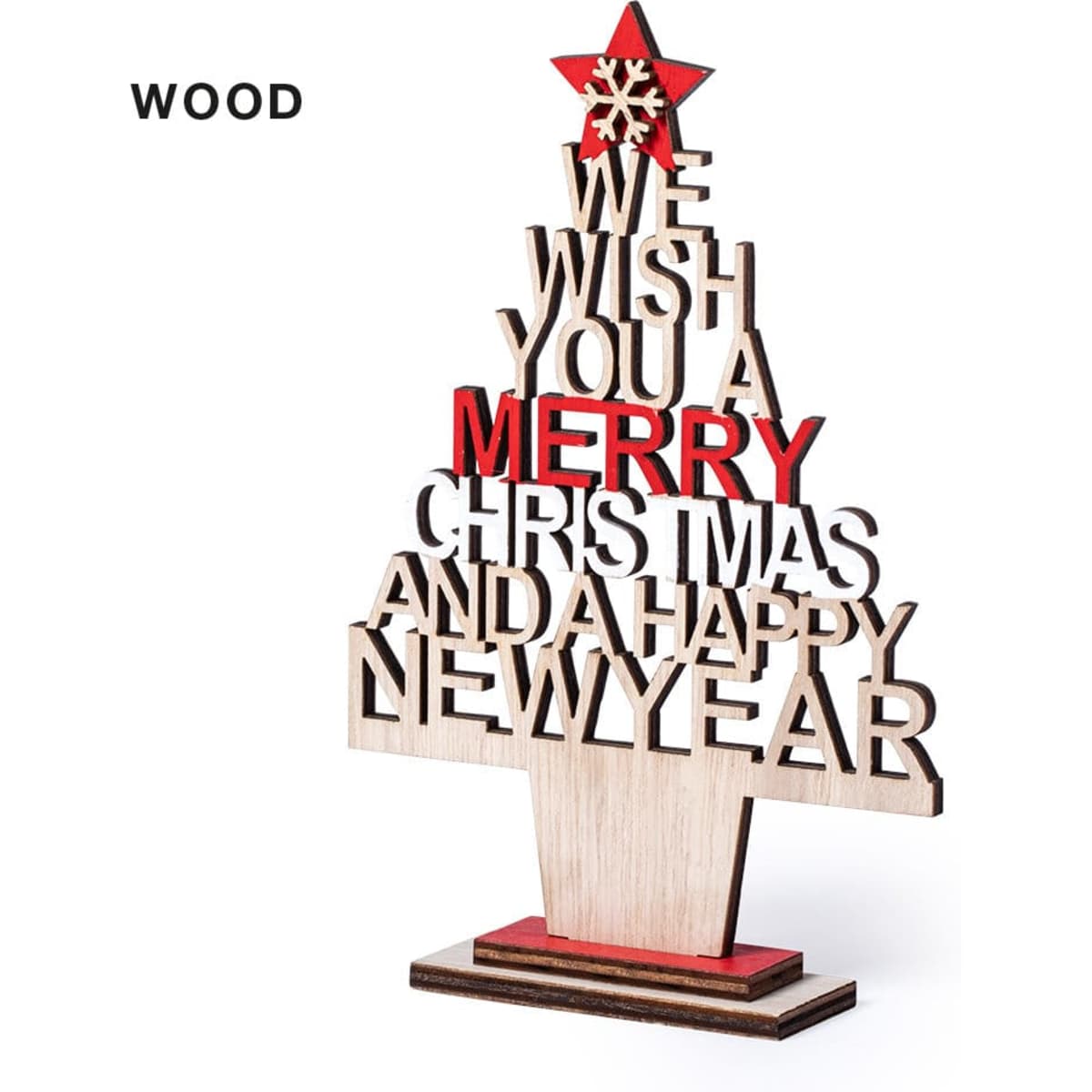 A decorative wooden Christmas tree with red accents featuring a seasonal message. It has a star on top.
