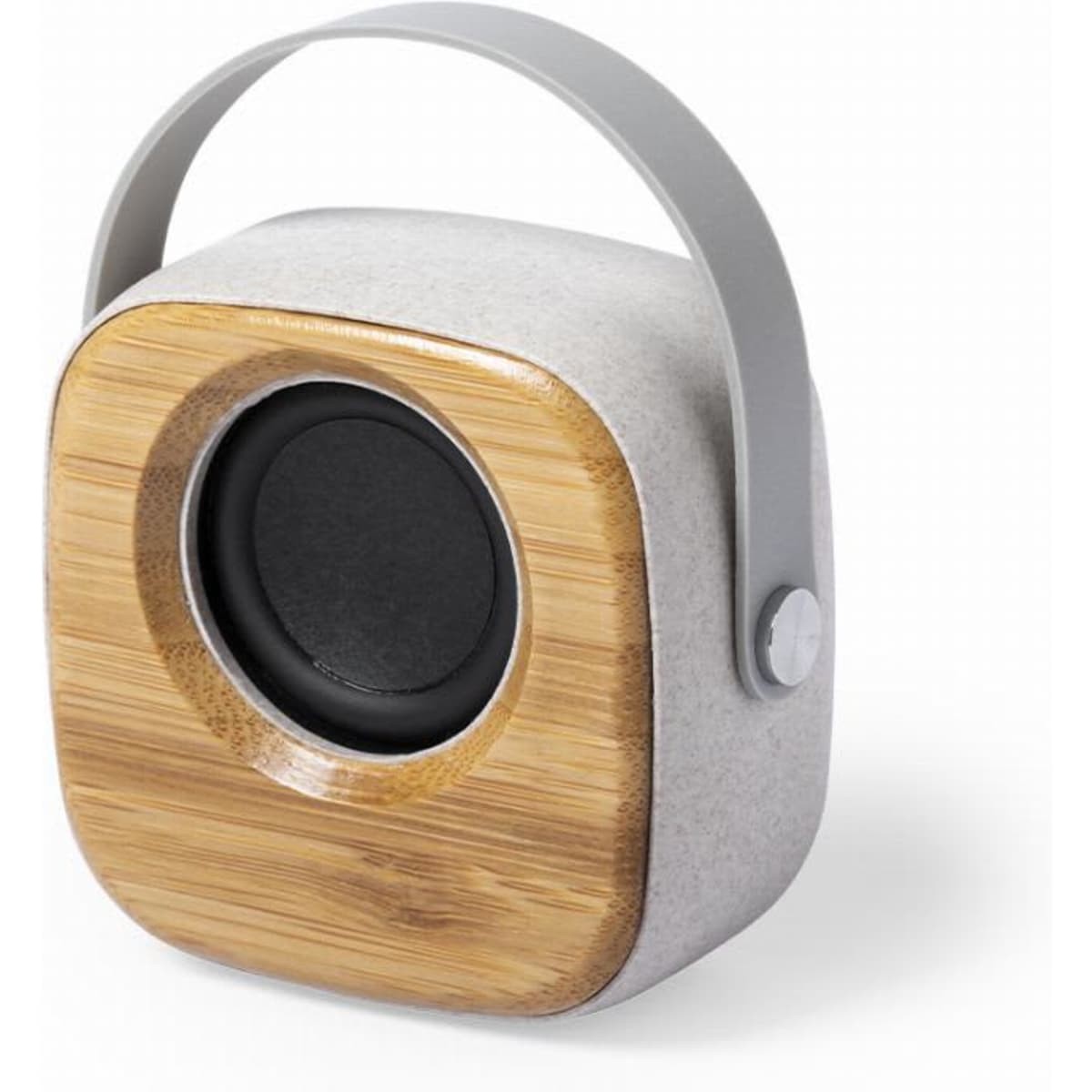 A portable speaker with a grey body and bamboo accents, featuring a handle for easy carrying.