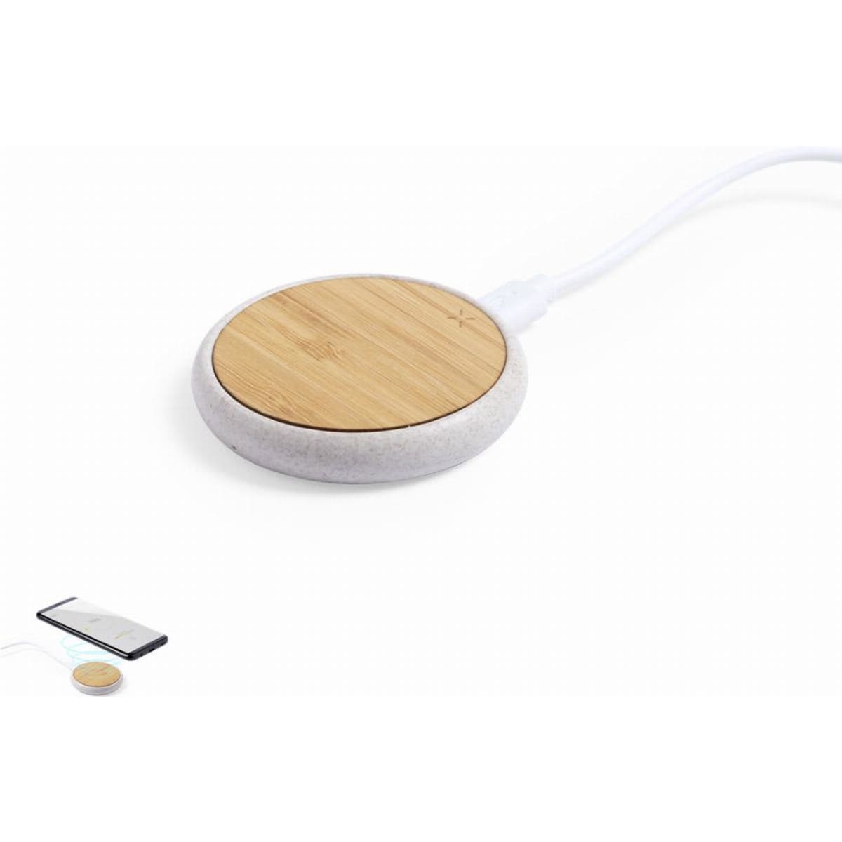 A wireless charger with a bamboo top and a white base connected by a cable, featuring a logo.