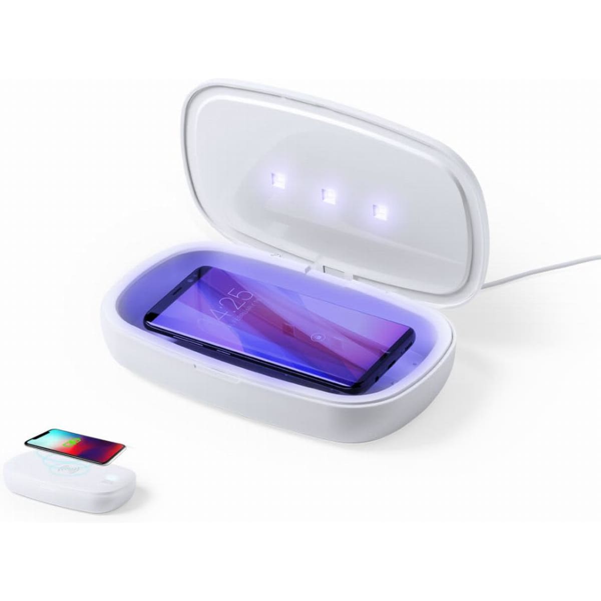 A phone sanitiser in white, featuring ultraviolet lights inside, with a smartphone placed inside.