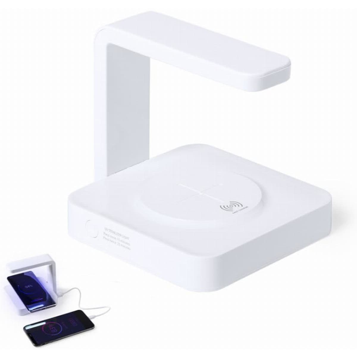 A wireless charger in white with a sleek, modern design featuring a square base and an upright arm.