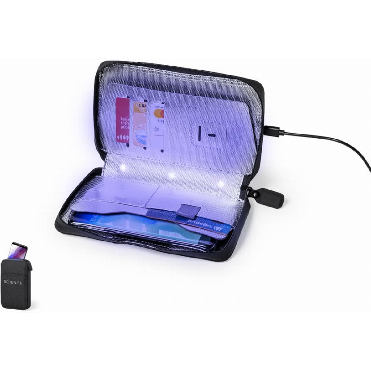 A black zippered pouch with internal LED lights, containing cards and a charging cable. A small device is placed nearby.