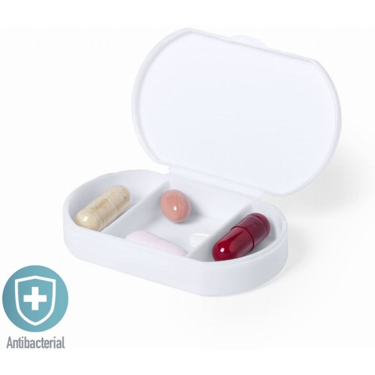 A white pillbox with four capsules in various colours: beige, pink, red, and brown. It features a logo.