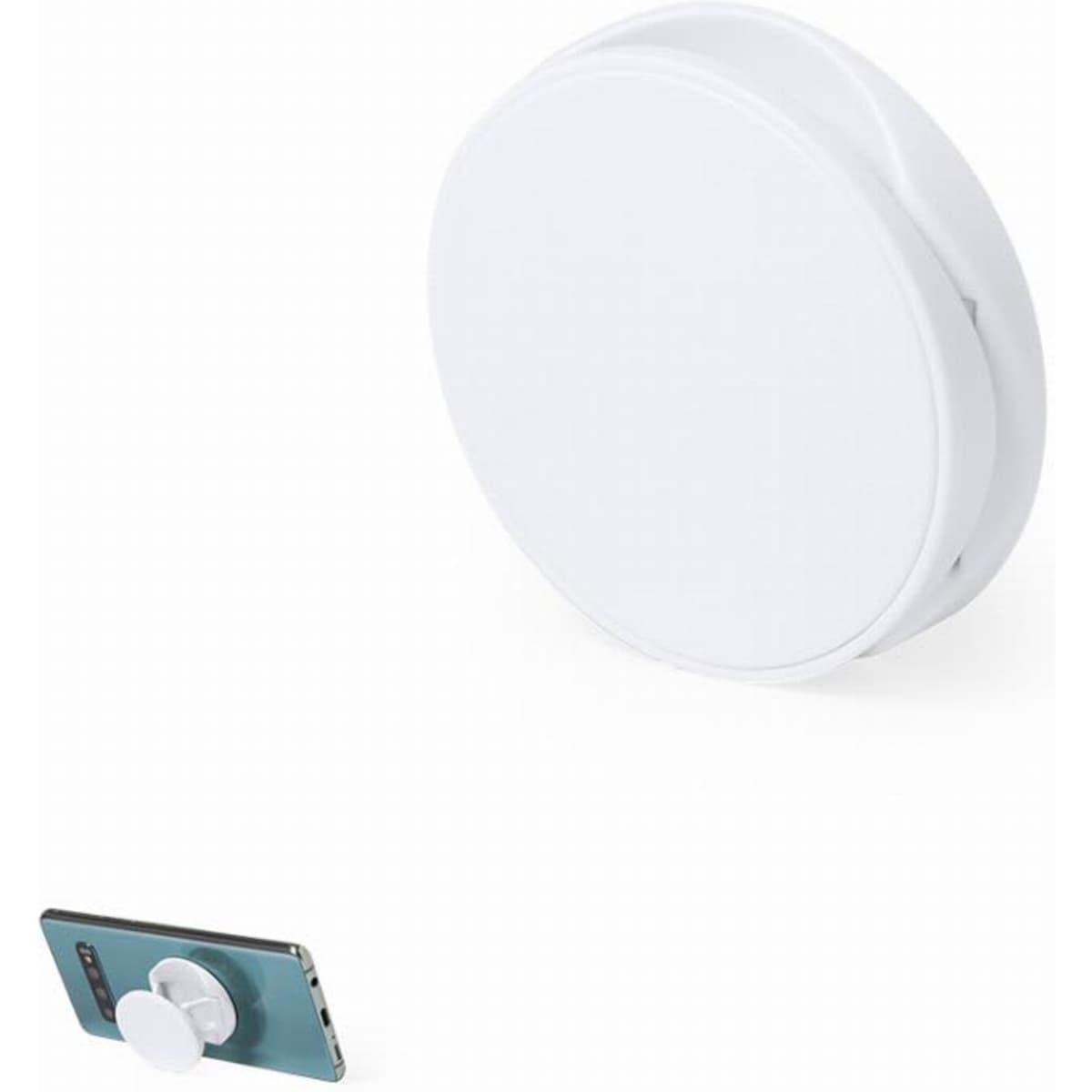A circular white phone holder with a backing, displayed alongside a smartphone attached to it.