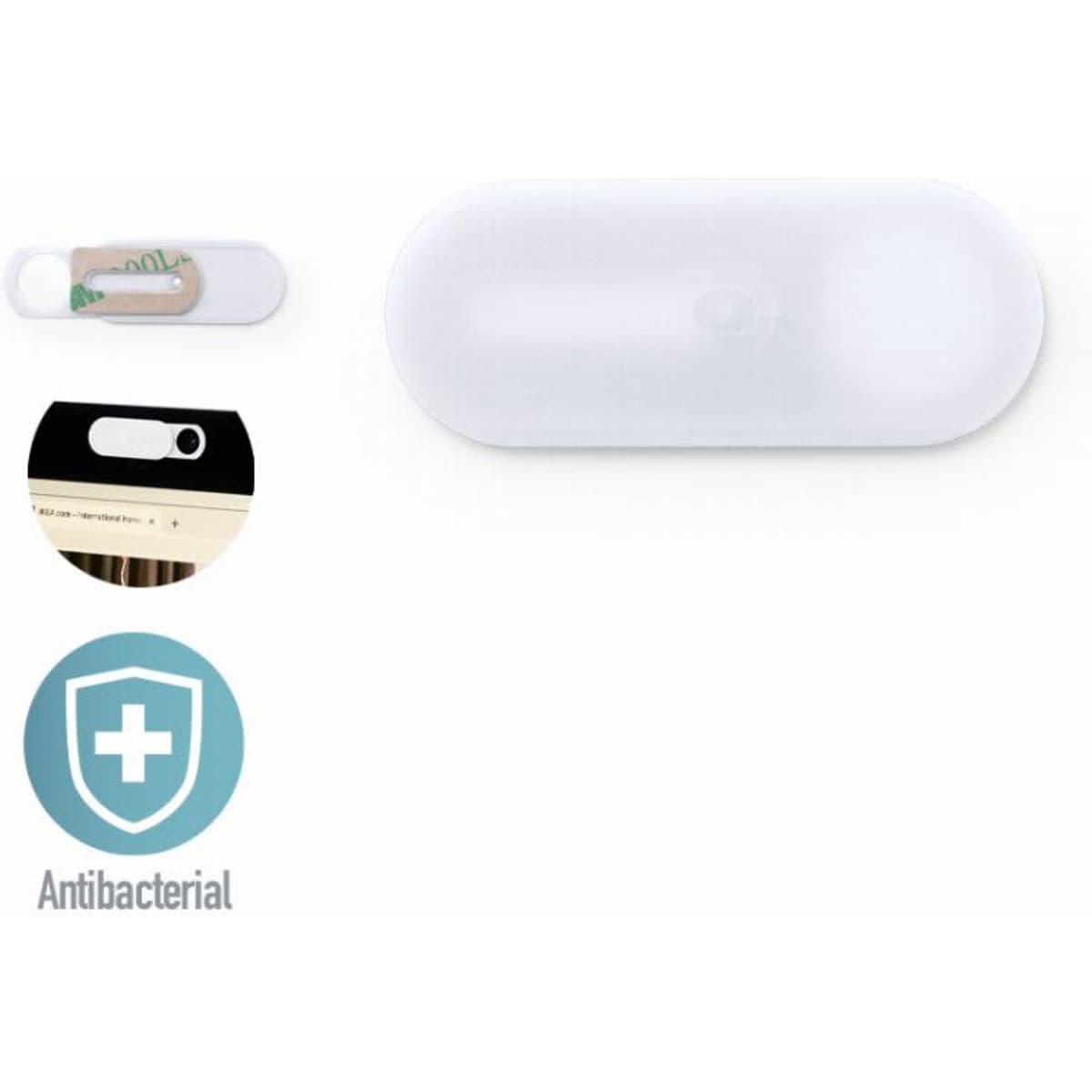 A white antibacterial product with a smooth, oval shape and a small circular opening. It features a logo.